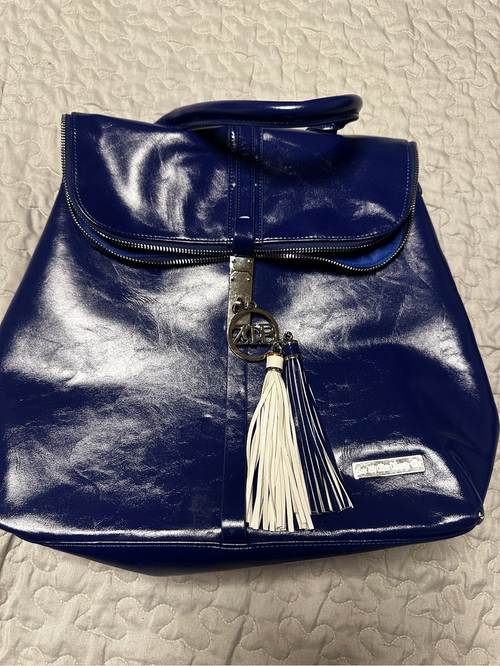 Zeta Phi Beta Women's Patent Backpack Tote in Deep Blue with Tassel